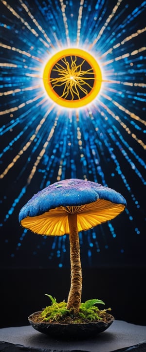 masterpiece On pale black paper, wide shot of a Psychadelic Kintsugi mushroom, Sun in the sky, Bokeh, by Steve McCurry, Photojournalism, portraits, vibrant colors