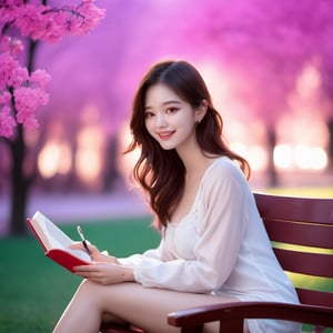 (8K, RAW shot, top-quality, ); high-definition RAW photos by color; (reality: 1.2), (reality:) (detail), (one person, Korean beauty, incredibly beautiful woman), perfect proportion; perfect face; intense brightness; dusky face detail; (eyes the beauty gazes at the viewer: 1.55), (long hair, brown; wavy hair: 1.45) 、 (front nude) 、 sexy smile,
Concept art, realism, film lighting, canon, high detail, high definition, 16K resolution, (full body exposure), (beauty sitting in a chair reading in the park 1.4)
 Full body photo, neon light, FFIXBG, Salt tech, Perfect Eyes, 1 beauty,