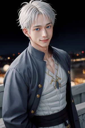 1boy, young male, silver hair, comma hair style, charming face, blue light eyes, sweet smile, wearing black neck covered jacket, detailed, highly complex, ultra detailed, 300dpi, 8k,satoru gojo,princess_zelda_aiwaifu
