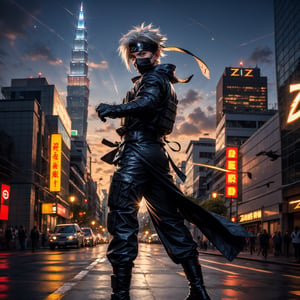 (masterpiece), full body, 1man, spiky hair, white hair, wearing tight tactical ninja flak jacket, leather tactical ninja full mouth mask, leather gloves, and his (((tactical headband with a letter ("Z") symbol))), scenery, (at Taipei 101 background), sparkle, Kakashi Hatake