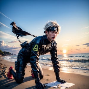 (masterpiece), full_body, 1man, spiky hair, white hair, wearing tight tactical ninja flak jacket, leather tactical ninja full mouth mask, leather gloves, and his (((tactical headband with a letter ("A") symbol))), scenery, (at beach background), sparkle, Kakashi Hatake, combine with one piece portgas d ace,portgas d. ace,all fours