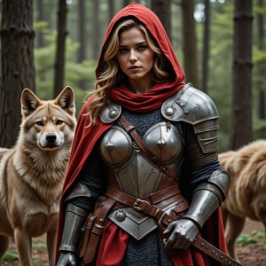 female red riding hood wearing armor standing proudly next to her wolf