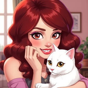 A cartoon-style action , cute  woman with dark red hair, smile, , with a white cat, .,Mh1$AgThS2,0r1g