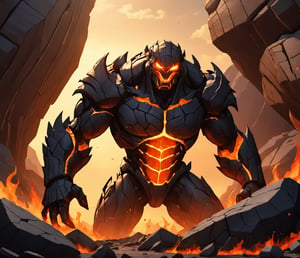 Primordial living lava golem, molten interior visibly churning through cracked rocky surface. Depict mid-martial onslaught, blazing fists trailing choking fumes. Realistically capture lava's interactions with ravaged futuristic urban environment