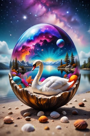 Space_In_Shell, psychodelic, white swan, vintage, bright colors, lake, beach house in the background, centered, detailed