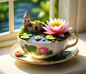 Captivating photograph of a charming miniature pond nestled in an elegantly designed tea cup on a windowsill. The cup, decorated with intricate architectural details, is surrounded by lush greenery and flooded with warm sunlight. A fragile water lily gently splashes in the water decorated with small decorative stones. The overall atmosphere of this serene and whimsical scene effortlessly blends nature and architecture to create an unexpected and delightful juxtaposition