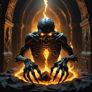 A shot of a peculiar creature, resembling a living coal, dominates the frame. The coal-like being's face is contorted with envy, its eyes gleaming with malice as it gazes longingly at the radiant diamond clutched in its dark, skeletal hand. The dimly lit, mystical atmosphere is punctuated by an eerie, orange-yellow glow emanating from the creature's body, casting an unnatural light on the scene