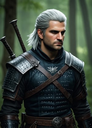 Envision a Witcher's forest pursuit, rendered in unmatched 4k quality for a true photorealistic effect. The high detail and rawness of the image should mimic THM style, showcasing every strand of hair and stitch of clothing. As the Witcher reaches out towards the camera, ensure that his hands are perfectly drawn, reflecting the urgency in a setting aglow with fireflies and twilight enchantment. Integrate ultra-sharp focus for character clarity against a backdrop of magical atmospheric bokeh and HDR for dynamic contrast