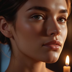 close-up portrait of a woman, softly lit by candlelight, the warm glow caressing her skin, revealing its soft, velvety texture. The subtle flickering of the candlelight highlights her smooth complexion, adding a golden, almost ethereal sheen. Shadows gently wrap around her face, creating depth and enhancing the contours of her cheekbones and jawline. The soft, intimate lighting adds a romantic, serene mood. Dark, blurred background keeps the focus on the gentle glow of her skin. Ultra-realistic, 8k, hyper-detailed, masterpiece