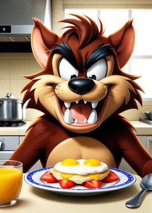 Cartoon Tasmanian devil,  kitchen, eat breakfast 