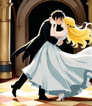 PixelGameArt,cartoon Tim Burton art,Cute Ghibli Cartoon, beautiful woman with yellow hair and handsome man are kissing, the girl is wearing a dress, she raised one leg, the boy is wearing a tuxedo