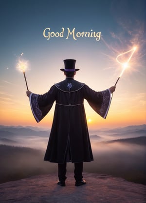 a fairy-tale magician standing with his back to the viewer casts a spell with a magic wand, drawing the inscription “Good morning” in the sky