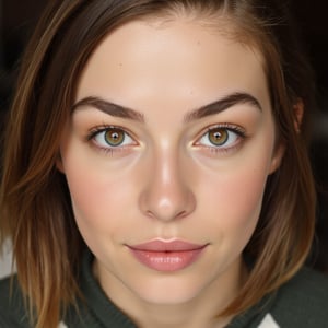 portrait of a young woman. she is looking up at the camera. her shoulder length brown hair frames her face. she is confident. natural beauty. beautiful green eyes with a little brown ring in her iris. catchlights in the eyes. full lips. The image has a neutral color tone with natural light setting. f/5.6 50mm, close-up, sharp focus, (Best Quality:1.4), (Ultra realistic, Ultra high res), Highly detailed, Professional Photography