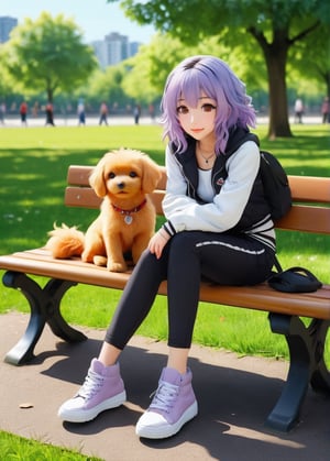 beautiful anime girl with big green eyes and wavy lilac hair sits on a park bench with her feet up on the bench, casual dressed. a red dog sits on a bench next to her