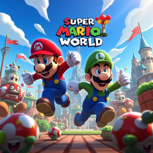 ((Cartoon-style image combined with Unreal Engine 5, rendered in ultra-high resolution with realistic details and textures.):1.3). | Cover of the game Super Mario World. | The cover shows (((Mario and Luigi))) in a dynamic pose, running and jumping in a colorful and vibrant setting. In the background, there is a medieval-style castle, with red and yellow flags flying high. The sky is clear blue, with round white clouds scattered across it. Surrounding Mario and Luigi are several of the game's enemies, such as Goombas, Koopas, and Piranha Plants, adding an element of danger and adventure to the scene. | The lighting is bright and colorful, highlighting the details of the characters and the setting. The composition is balanced and dynamic, with Mario and Luigi at the center of the scene, while enemies and the castle extend to the sides. | An exciting and fun scene, capturing the essence of the Super Mario World game. | ((perfect anatomy, perfect body)), ((more_than_one_pose, perfect_pose)), ((perfect fingers, better hands, perfect hands, perfect legs, perfect feet)), ((perfect design)), ((correct errors): 1.2), ((perfect composition)), ((very detailed scene, very detailed background, correct imperfections, perfect layout):1.2), ((More Detail, Enhance)), Perfect Hands,Epic_LOL 