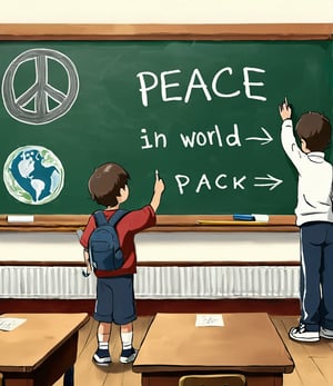 Cartoon, 2d animation, a boy 7 yo stands at a school blackboard and writes the word "peace in all world" on it with chalk, view from the back, on the left on the blackboard there is a dove drawn in chalk