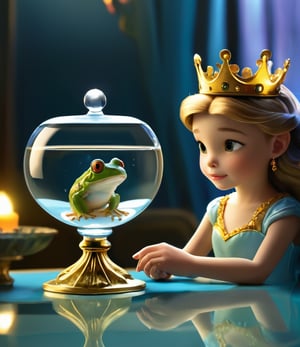 a frog wearing a golden crown sits on a glass table with a tiny  girl Thumbelina sits in a cup next to the frog