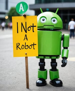 Green android, holding a sign "l'm not a robot"