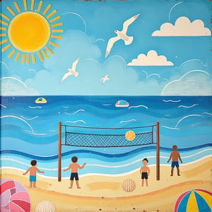 children's drawing with chalk on a board: sea, beach, seagulls, summer, people playing volleyball, sun, blue sky,Silhuflowart