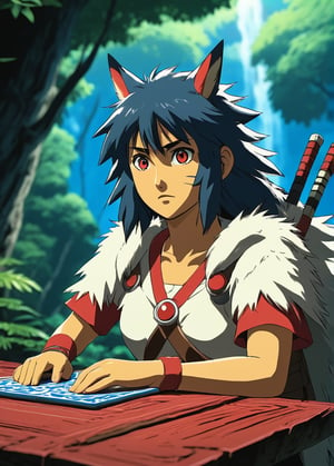 Princess mononoke, sittibg at the table,  half body shot, beautiful environment, cartoon style , comic style, vibrant colors, 2d animation , ultra quality, vibrant colors 