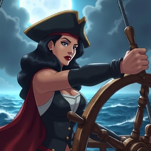 Cartoon  woman in pirate costume at the helm in a storm     1$AgThS2,Epic_LOL 