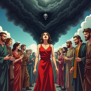 A stunning modern interpretation of Heinrich Lossow's 1880 painting, "The Sin." The artwork showcases a dramatic scene with a central female figure engulfed by a large, dark, and ominous cloud, symbolizing sin. She is surrounded by various biblical figures, each with distinct facial expressions of despair and anguish. The modern representation features a vivid color palette, and the figures are portrayed with a surreal, dreamlike quality.,Mh1$AgThS2,cartoon-style,cartoon-style