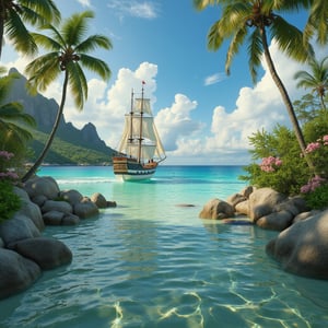 POV angle water, MAGICAL cute STORYBOOK tropical bay , shabby STYLE lovely sailing ship on the beach, view on the tropical bay , summer, semi underwater view.  Modifiers: highly detailed dof trending on cgsociety steampunk fantastic view ultra detailed 4K 3D whimsical Storybook beautifully lit etheral highly intricate stunning color depth disorderly outstanding cute illustration cuteaesthetic Boris Vallejo style shadow play The mood is Mysterious and Spellbinding, with a sense of otherworldliness  otherwordliness macro photography style LEONARDO DIFFUSION XL STYLE vintage-futuristic