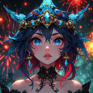 The artwork depicts a stunning, anime-style character with vibrant and intricate details. The character has striking blue eyes that stand out against her flawless, fair skin. Her hair is a captivating blend of colors, primarily dark blue with striking streaks of red and lighter blue, adding to her mesmerizing appearance. She is adorned with ornate accessories, including a blue, jewel-like headpiece that matches the embellishments in her hair and earrings, and a golden floral hairpin that contrasts beautifully with her colorful locks.

The character is dressed in a black, lacy choker and a matching outfit that showcases an elegant yet bold style. Her expression is both captivating and enigmatic, drawing the viewer in with a sense of mystery and allure. The background features a display of fireworks, adding a festive and dynamic atmosphere to the scene.

This piece showcases the artist's skill in combining elements of fantasy and elegance, creating a visually striking and emotionally engaging character. The use of color, attention to detail, and the overall composition highlight the artist's talent in creating immersive and captivating artwork.,animeniji