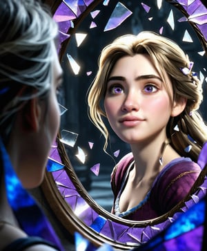 Photorealistic shot Rapunzel Disney ,shards,thm style, Made_of_pieces_broken_glass, shards, focus focus on a face Rapunzel, sadistic smile, she looks in the mirror