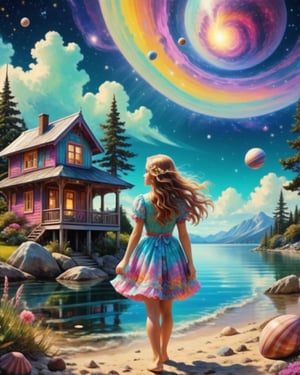 Space_In_Shell, psychodelic, tiny anime girl in summer dress with flying long hair, vintage, bright colors, lake, beach house, centered, detailed
