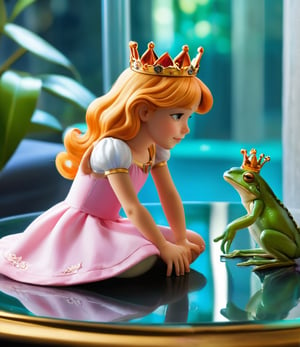 a frog wearing a golden crown sits on a glass table with a tiny  girl Thumbelina sits next to the frog