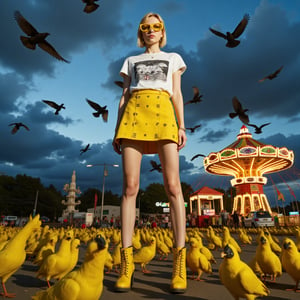 fashion magazine cover, studio lighting model, Against the backdrop of a dark evening sky with storm clouds dotted with black flying crows, a young female model, 20 years old, with short blonde hair, stands at full height. She is dressed in a stylish short yellow skirt decorated with a small pattern, yellow boots with thick heels and laces and a white T-shirt with an abstract image. The girl also wears large bright yellow sunglasses. camera from below. Around her, there are many bright yellow birds with black beaks that fill the street. In the background, a colorfully illuminated retro-style attraction is visible, adding to the feeling of an old-fashioned fair