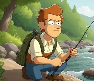 cartoon Brett Hand fishing by the river bank, detailed face, detailed eyes, perfect hands, beautiful environment, cartoon, detailed environment, ultra quality 