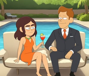 cartoon Brett Hand with Reagan Ridley together, sitting by the pool with a cocktail,  beautiful environment, cartoon, detailed environment, ultra quality 