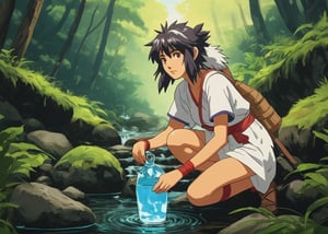 Princess mononoke, anime girl, collects water from a stream, half body shot, beautiful environment, cartoon style , comic style, vibrant colors