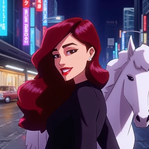 A cartoon-style action , cute  woman with dark red hair, smile, , with a white pony, in the sci-fi city street on the night.,Mh1$AgThS2,0r1g,SamYoung_Illustration