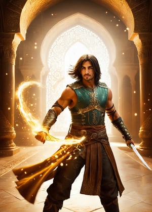 Movie prince Dastan,  holding a glowing amber magical knife, in the halls of a Persian palace, magic, magical waves, surrounded by particles of glowing magical sand of time, glowing hands, fighting pose 