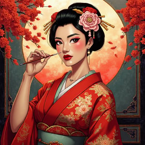  painting of a beautiful Geisha dressed in glamour kimono, surrounded by traditional decorations, creating an evocative piece reminiscent of classical Asian art, intense color, in the style of Andrew Atroshenko
((oil painting))((impresionism)), Mh1$AgThS2,cartoon-style,cartoon-style