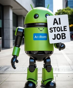 Green android, holding a sign "ai stole our job"