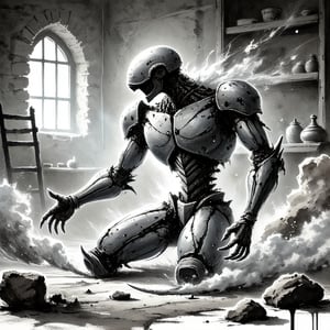 Shattered Golem in an Abandoned Workshop: A golem lies broken on the floor of an old, dust-covered workshop. Its stone body is cracked and crumbling, with pieces scattered across the room. The tools used to create it are rusted and forgotten, and the once-bright forge is cold and dark.,Inkwashara