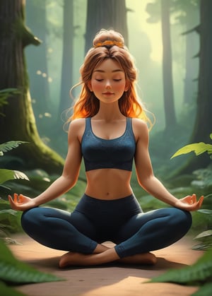 yoga in the forest, cartoon 