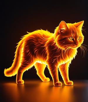 abstract object in the form of beautiful  fiery big fluffy cat, (glow bright fabolous amber light), a bright orange glow, magic particles 