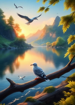 fairyland, lake, seagulls circling above it.  early morning, gentle dawn, close-up of a bird sitting on a branch, LegendDarkFantasy