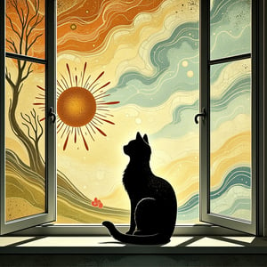 elegant cat sits on the windowsill washing himself and basking in the sun,Silhuflowart