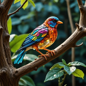 masterpiece, high quality, cinematic lighting, vibrant color, perched on a tree branch, , (colorful-glass carving sparrow) colorful-glass wing,glitter,gbaywing,colorful