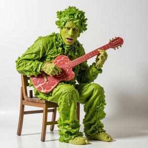 a man made entirely of green lettuce leaves sits on a chair and plays a guitar made of chunks of red raw meat