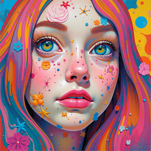 portrait of the face of a young woman, oil painting, cubist style, colorful abstract background, mixed technique, hyperrealistic touch of color, very detailed, colorful and abstract, pictorial work of art, a lot of dynamics in the details, extremely detailed,JamesJean,surreal,vibrant,fantasy,whimsical,swirling colors,dreamlike,swirling patterns