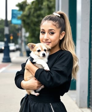 Beautiful blonde woman, Ariana grande, holding a dog 