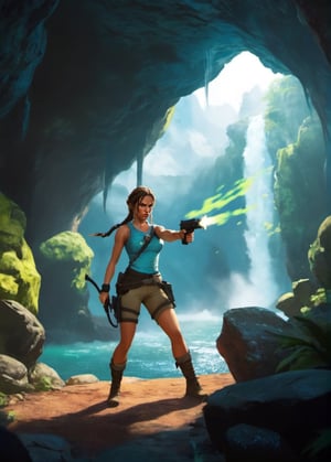 Anime style, cartoon style,best quality,  ultra high res, Lara Croft with a gun stands at the entrance to a cave in a fighting pose, her hair is braided in a  braid, a dynamic scene, in the power of Studio Ghibli, vibrant colors ,LegendDarkFantasy