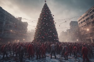 a horde of zombies in torn christmas clothes, gathering a round a giant chistmas tree decorated with lights at the center, far shot, abandoned city background, cinematic